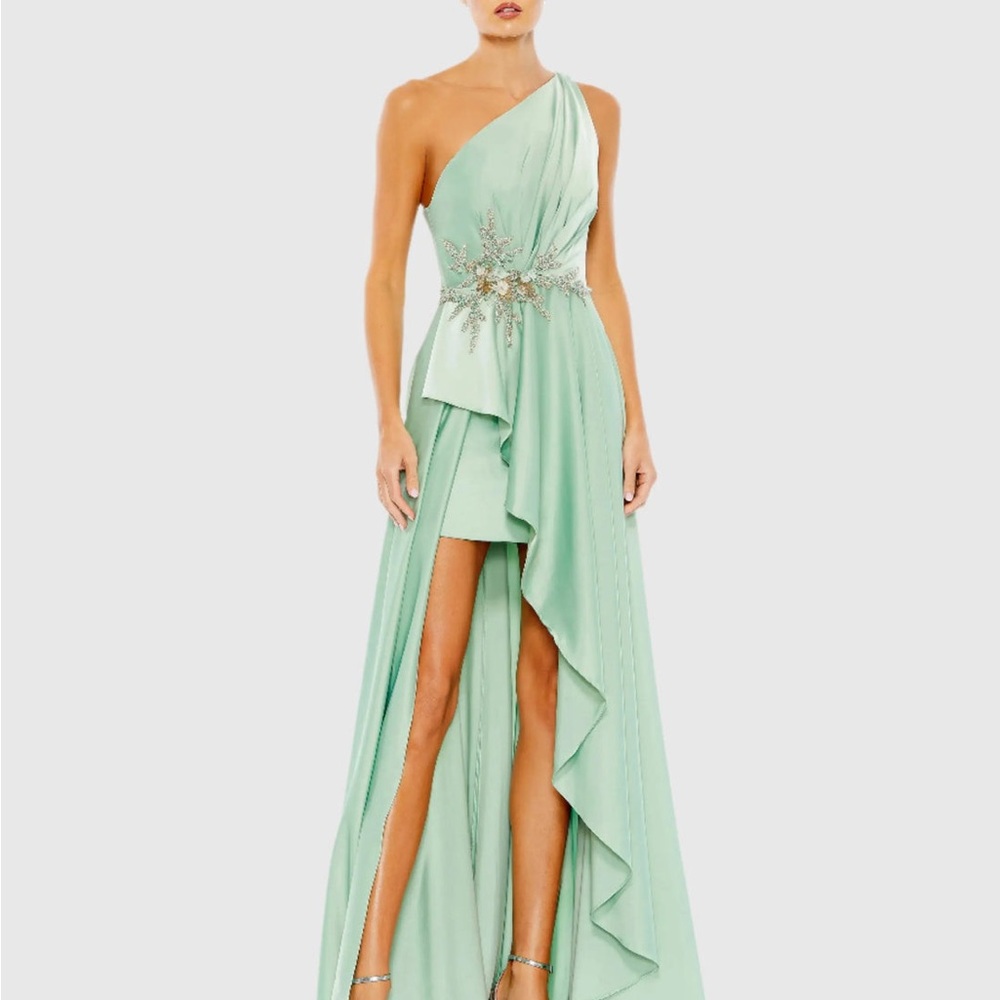 Mac Duggal Mint Green One-Shoulder High-Low Gown with Embellished Waist